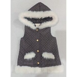 Maggie & Zoe Quilted Vest Girls 5T Gray Excellent Faux Fur Trim Hooded Puffer